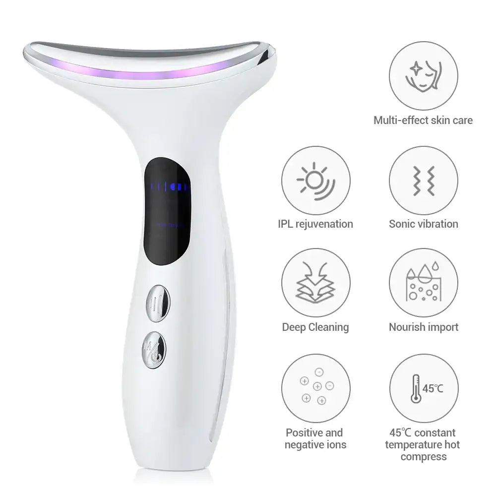 Masseur LED visage multifonctionnel avec soins IPL, vibration sonique, nettoyage en profondeur et compresse chaude à 45°C.