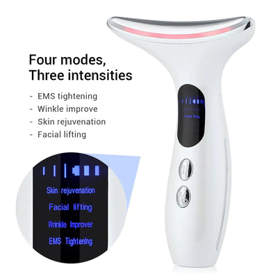 Masseur LED visage avec écran numérique, modes EMS, lifting facial, rajeunissement de la peau et réduction des rides. Technologie microcourant et luminothérapie.