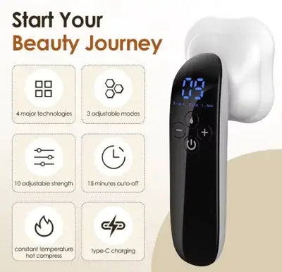 Instrument de beauté amincissant avec écran numérique, 4 technologies principales, 3 modes réglables et arrêt automatique de 15 minutes.